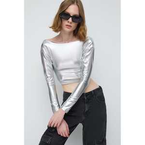 Blusa Corta Informal para Mujer, Decoración con Lentejuelas, Bordado, Corte Regular, Frente de Poliéster, Satén, Seda, Chifón, Tejido de Punto, Mangas Cortas, Talla XL - Product Image 3