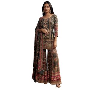 ชุดชาราพิมพ์ลายสีเขียวเข้มสำหรับใส่ไปร่วมงานแต่งงานงานพบปะสังสรรค์ทางวัฒนธรรมตามสั่ง - Product Image 3