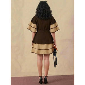 Ensemble coordonné 2 pièces en coton pour femme Deebaco, manches bouffantes, col en V, robe chemise courte en dentelle au-dessus du genou, jupe élégante, été - Product Image 3