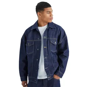 Diskon besar jaket Denim Logo kustom pria 2024 jaket Denim Jeans pas badan berkancing modis warna polos untuk pria