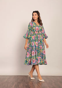 Vestido Midi con estampado Floral multicolor, Vestido de manga larga de verano, vestido de fiesta de algodón a la moda, vestido occidental de una pieza para mujer - Product Image 3