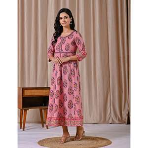 Pink <b>Boho</b>-Elegant Butta Block Printed Cotton <b>Dress</b> Casual Office Lady <b>Summer</b> Sexy with Breathable Buttons Natural Waistline - Product Image 5
