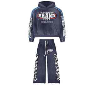 Chándal bordado OEM con lavado ácido, conjunto de pantalones y Sudadera con capucha de dos piezas con ajuste personalizado para marcas privadas o tiendas - Product Image 2