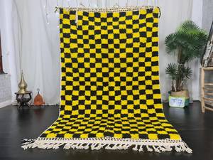 Beni Ourain Authentic Moroccan <b>Wool</b> Rug Checkerboard Area Checkered Carpet Bright <b>Yellow</b> Berber Carpet Handwoven Low Price - Product Image 6
