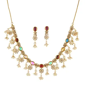 Antique Matte Gold Plating South <b>Indian</b> Necklace <b>Set</b> With Moti 214436 Wholesalers in India - Product Image 1