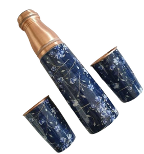 Blue Floral Printed Copper <b>Water</b> <b>Bottle</b> with Tumblers Pure Copper Ayurvedic Hydration Set for Home Office and Gifting - Product Image 1