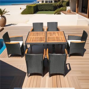 NOUVEAU 2025 IPRO Modern 7-Piece Outdoor Garden Patio Rotin Wicker Dining Set Acacia Wood Tabletop UV Resistant All Weather Durable - Product Image 2