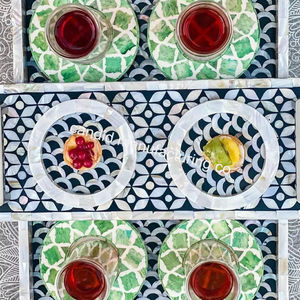 Six platter serving set with mother of pearl tableware with <b>tray</b> and coasters Elegant <b>drink</b> coaster with mother of pearl inlay - Product Image 5