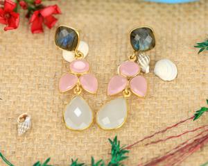 Pendientes de Plata de Ley S925 Chapados en Oro con Piedras Preciosas Semipreciosas Naturales de Labradorita Calcedonia con Corte Facetado - Product Image 6