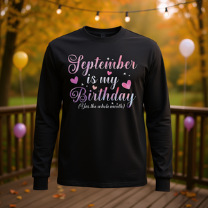 Maglietta a maniche lunghe con stampa digitale girocollo unisex per adulti con design promozionale: Settembre è il mio compleanno - Product Image 3
