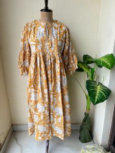 Vestido de algodón estampado de verano Casual Floral Midi Mini vestidos ropa suave para el hogar ropa Puff mangas Casual suelto suave Maxi vestidos - Product Image 4