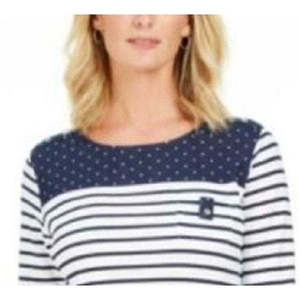 Karen Scott <b>Women's</b> Sport <b>Navy</b> <b>Top</b> Size Medium Breathable Colorblocked Striped 100% Cotton Knitted Fabric - Product Image 2