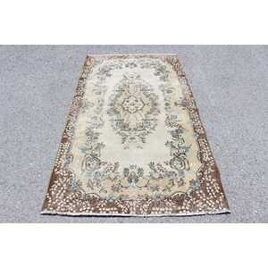 3.9x6.8 ft Area Turkish Vintage Rug, <b>Brown</b> Striped <b>Wool</b> Rug - Product Image 1
