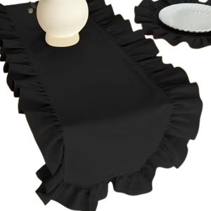 Elegante Camino de Mesa para Boda Estilo Shabby Chic, 40x150cm, Tela Negra con Volantes, Técnica Decorativa Tejida - Product Image 1