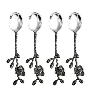 Koyu gümüş paslanmaz çelik el yapımı dal çiçek kolu yeni tasarım kraliyet tarzı tatlı kaşık seti