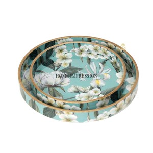 Gold Plated Leaves Designer Handles Round Shape Superior Quality <b>Wooden</b> <b>Tray</b> Home & Hotel <b>Table</b> Centerpiece Food Serving <b>Tray</b> - Product Image 6