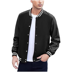 Blouson universitaire unisexe noir à rayures blanches, coupe classique, manches en PU, couleur unie, fermeture double boutonnage, style décontracté, matelassé pour l'hiver - Product Image 1
