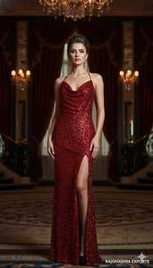 Vestido de Noche Rojo de Lujo, Corte en A, Bordado a Mano con Cuentas, Cristales 3D, Diamantes, Botones de Encaje, Flores, Rayón Viscosa en la Parte Delantera - Product Image 4