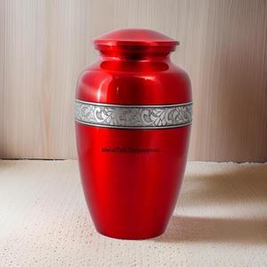 Urna de cremación clásica roja brillante con recuerdo de banda plateada Cenizas para adultos Estilo americano Nuevo diseño Entierro funerario Tarro de urnas de metal - Product Image 6