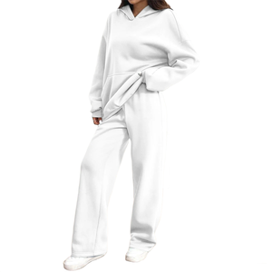 ชุดเซ็ตเสื้อฮู้ดดี้และกางเกงวอร์มผ้าฝ้ายฟลีซคุณภาพสูงสำหรับผู้หญิง ดีไซน์พิเศษ ทรงโอเวอร์ไซส์ ไหล่ตก สไตล์แทรคสูท - Product Image 3