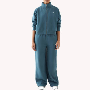 Ensemble de survêtement en polaire à fermeture éclair intégrale pour femmes, veste et pantalon à jambes larges, coupe décontractée, doux et chaud, vêtements de sport décontractés en deux pièces - Product Image 1