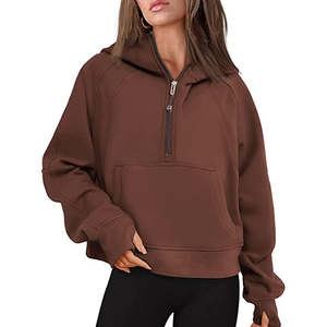 Nueva moda mujeres niñas polar media cremallera cuello alto Sudadera con capucha bolsillos manga larga Color sólido pulóver Casual Sudadera con capucha - Product Image 5