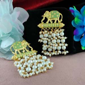 Magnifique Bijou Indien Classique Ethnique Traditionnel Royal en Forme d'Éléphant en Perle de Menthe Meenakari pour Femmes - Product Image 1