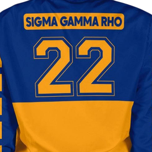 Chaqueta Universitaria de Satén Sigma Gamma Rho SGRho, Azul Real y Dorado, Estilo Bomber, Prenda Exterior para Mujeres - Product Image 4