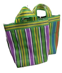 Eco-Friendly Multicolor Stripes Women's Handbags India Manufactured Recycled <b>Nylon</b> Waterproof Woven Two Handle Bucket Shopping - Product Image 6