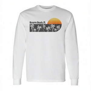 Camiseta de Manga Larga Navarre Beach Fl, Diseño Retro de Palmeras al Atardecer, Unisex, Cuello Redondo, Algodón, Promocional para Adultos - Product Image 2