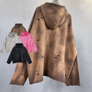 Custom Streetwear No String Terry Blank Vintage Ripped <b>Hoodie</b> Acid Wash Sun Faded Distressed Hoodies for Women - Product Image 3