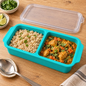 Bandeja para Congelar Curry y Arroz, de Silicona Aqua, con Dos Secciones Separadas y Tapa Transparente para Mantener los Platos Principales y los Granos por Separado - Product Image 2