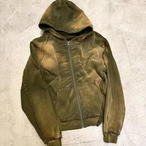 Sudadera con capucha térmica personalizada, alta calidad, 500GSM, peso pesado, 100% algodón, lavado ácido desteñido por el sol, con cremallera y diamantes de imitación - Product Image 1