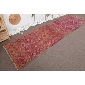 Alfombra Vintage de Lana Ecológica con Látex, Diseño de Patchwork Rojo y Rosa, Hecha a Mano, para Comedor, Modelo Rectangular de Gran Área, 2.8 pies x 10.8 pies - Product Image 3