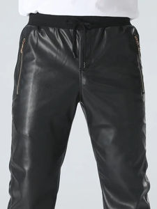 Pantalones de cuero para hombre con bolsillos con cremallera | Diseño cómodo y moderno Pantalón de hombre antiarrugas teñido liso antiarrugas - Product Image 4