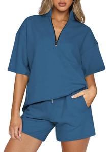 Acheter en gros femmes décontracté 2 pièces été ensemble Shorts 1/4 fermeture éclair à manches courtes tricots costumes avec poches coupe ample - Product Image 2