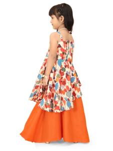 Ensemble Kurti et pantalon palazzo pour enfants Shoryam Fashion, sans manches, imprimé feuilles, entièrement cousu, pour les fêtes |   Filles, style ethnique estival vibrant - Product Image 5