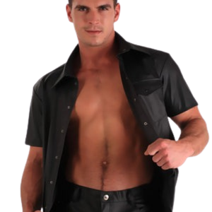 Chemise à manches courtes en similicuir noir pour homme, coupe ajustée, boutonnée, style fétiche, haut de club - Product Image 3