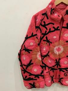 Rose fait à la main TNT Vintage Suzani hiver veste courte Style bohème veste courte coton recadrée daim manteau pour femmes - Product Image 3