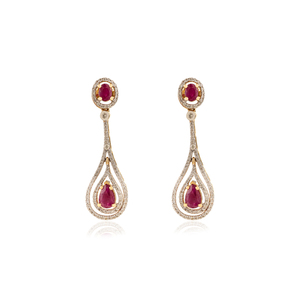 Statement Teardrop Dangle Earrings Featuring In <b>Ruby</b> & Diamond 18K Solid Yellow Gold Trending New Design Birthstone Jewelry - Product Image 1
