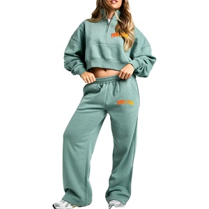 Nouveau design de haute qualité demi-fermeture éclair col haut court 100% coton femmes survêtement couleur unie respirant évasé survêtements pour femmes - Product Image 1