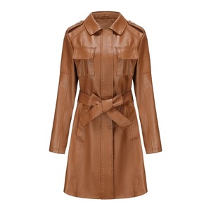 Meilleur cuir femmes Trench manteaux col rabattu manches longues mi-longueur manteau à lacets taille serrée Slim Fit décontracté régulier solide - Product Image 5