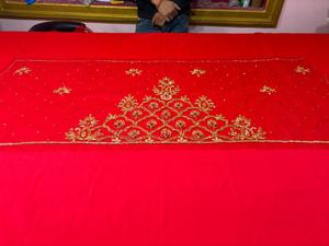 Handcrafted <b>Gold</b> Zardozi & Bead Embroidery Border <b>Fabric</b> for Bridal Wear - Product Image 2