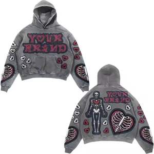 Vente en gros Heavyweight Distressed Hoodies Unisexe Broderie Patch Pull Acide Lavé Broderie Oversize Hommes Sweat à capuche - Product Image 4