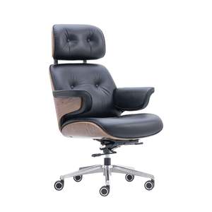 Silla de Oficina Contemporánea con Carcasa de Madera Curvada, Tapizada en Cuero Genuino, Altura Ajustable, Base Cromada para Uso Doméstico - Product Image 4