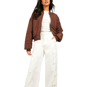 Blouson aviateur en toile avec logo personnalisé pour femmes avec fermeture à glissière avant à col montant Service OEM en satin tricoté pour l'hiver - Product Image 3