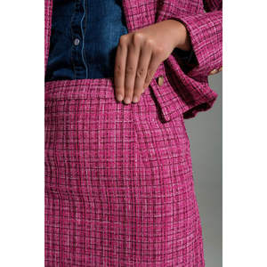 Minifalda de Tweed Rosa con Cintura Imperio de Satén, Botones y Decoración de Plumas, Estampado Vintage, Estilos Lápiz y Cruzado, Talla XS para el Trabajo - Product Image 5