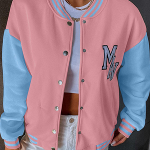 OEM Personnalisé Top Qualité Femmes Lettre Broderie Épaule Goutte Collège Bomber Veste Manteaux Rose Varsity Vestes - Product Image 5