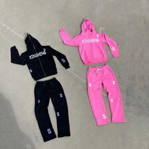 High Quality Custom Cropped Unisex Zip-Up Hoodie Sweatpants Jogger Tracksuit Set Men's <b>Patch</b> Embroidery Plus Size Winter - Product Image 3