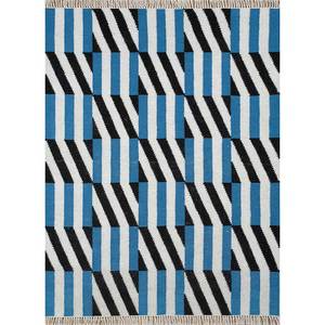Alfombra de lana Kilim geométrica azul, hecha a mano, con diseño de cuadros, tejido plano, rectangular, de yute, para la sala de estar o el dormitorio del hogar -SDWL-750 - Product Image 4